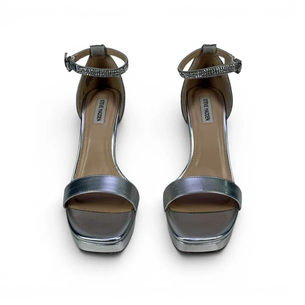Steve Madden Maisa Silver Rhinestone Platform Sandals Heels Womens 10 Square Toe